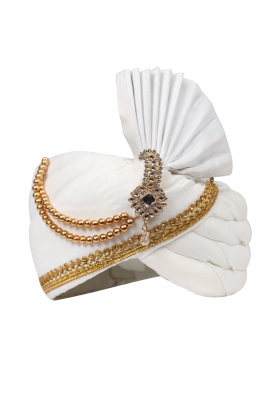 Pure White Plain Turban With Golden Border and Golden Mothi